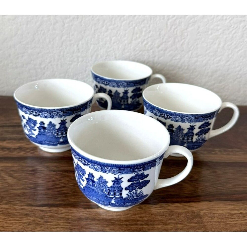 set of 4 Johnson Brothers Blue Willow tea cups chinoiserie country cottage